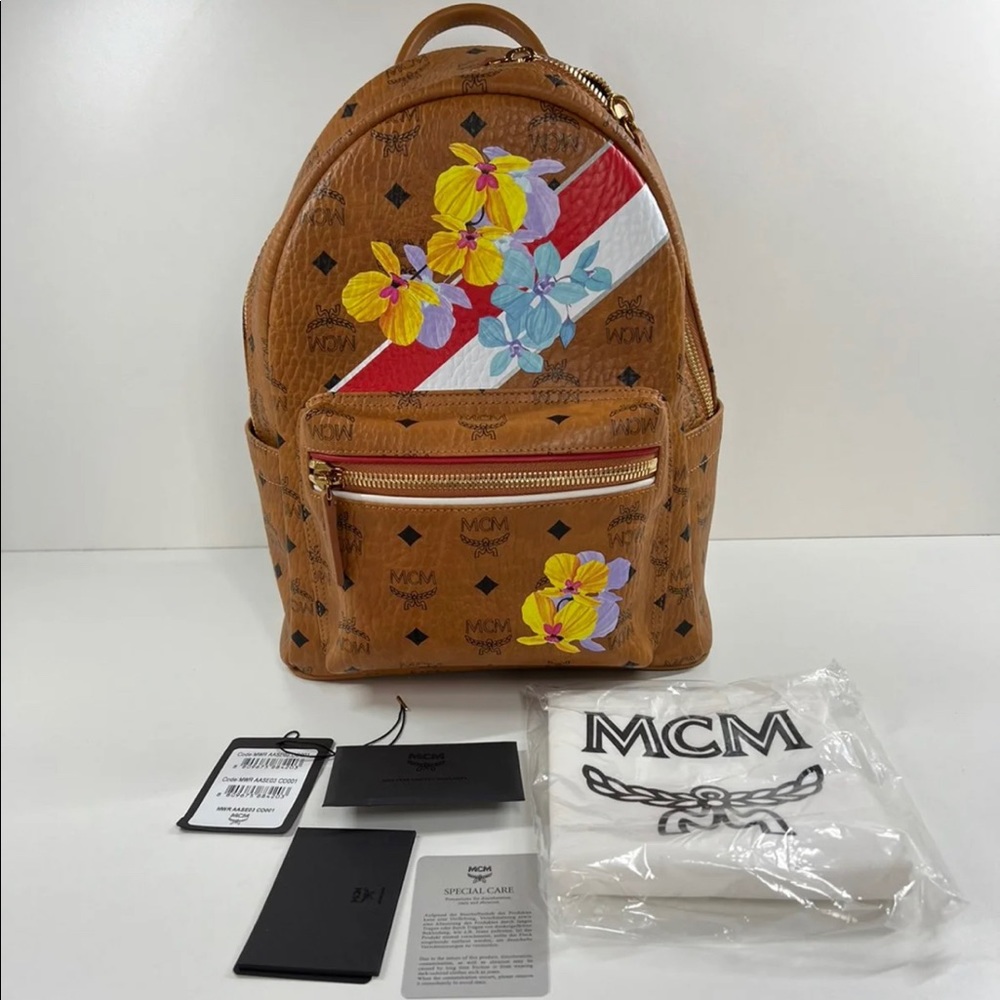 NEW MCM $750 Stark Backpack Essential Floral Print,  Cognac Brown